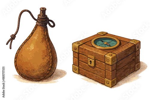 Vintage leather canteen and wooden treasure chest with compass