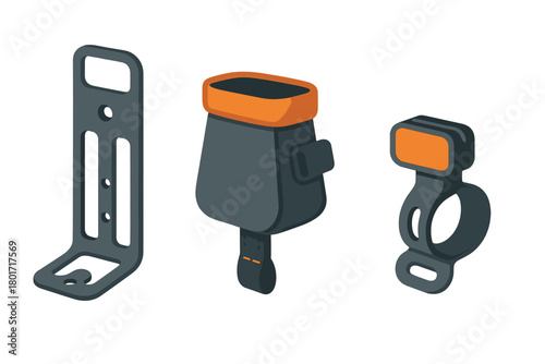 Isometric bicycle mounting hardware and storage pouch accessories set