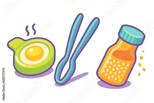 Assortment of cooking utensils and fresh ingredients for meal preparation