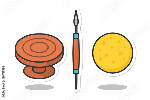 Set of essential pottery crafting tools including wheel, needle, and sponge icons
