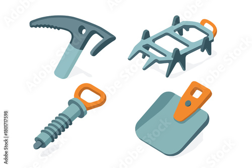 Winter climbing gear set with ice axe crampons ice screw and shovel blade