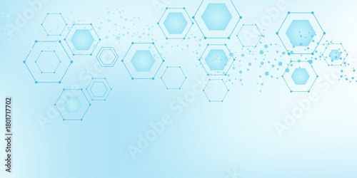 Modern science background with lines, dots and hexagons. Wave flow abstract background. Molecular structure for medical, technology, chemistry, science. Vector illustration