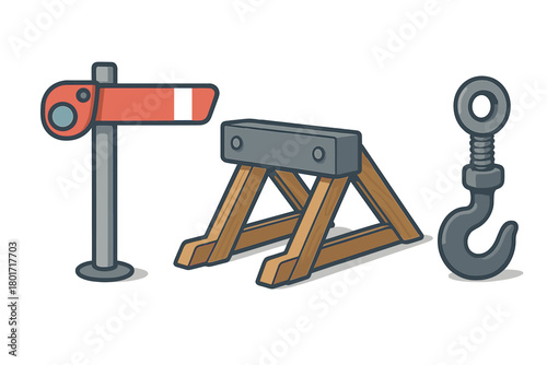 Collection of industrial safety equipment including railway semaphore, construction trestle, and crane hook