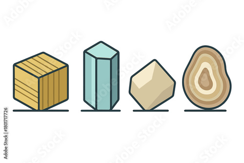 Four stylized geometric shapes representing natural resources and materials