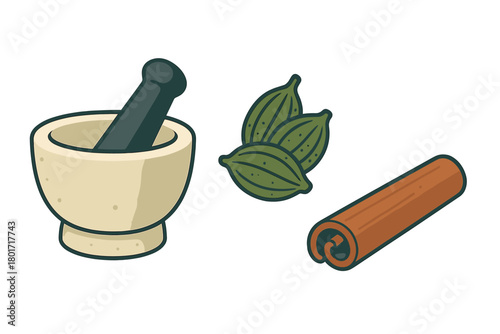Stone mortar and pestle with whole cardamom pods and cinnamon stick