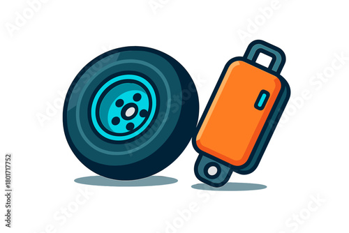 Automotive suspension components featuring a blue wheel and an orange shock absorber