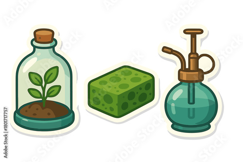 Set of stylized icons for gardening supplies including terrarium sponge and mister