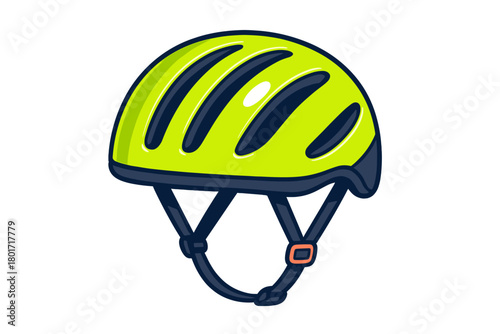 Bright neon green bicycle helmet with dark straps and buckle isolated on white background