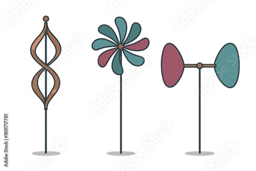 Three different types of wind turbines or decorative garden spinners on poles