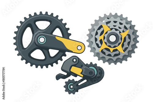 Detailed bicycle drivetrain components including crankset, cassette, and derailleur mechanism