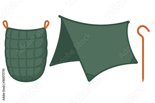 Camping gear set including sleeping bag, protective tarp, and ground anchor stake