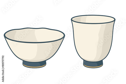 Traditional Japanese ceramic tea bowl and teacup set with blue and gold accents