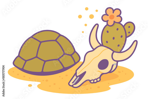 Desert scene with turtle shell and horned animal skull and cactus