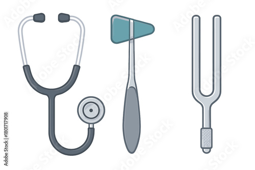 Essential medical diagnostic instruments set including stethoscope reflex hammer and tuning fork