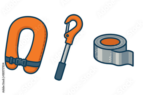 Safety gear assortment featuring life preserver carabiner and adhesive tape