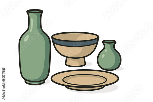 Collection of traditional ceramic tableware and decorative vases on a white background