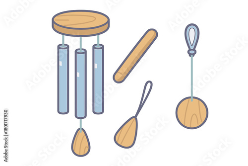 Disassembled wooden and metal components for decorative wind chimes