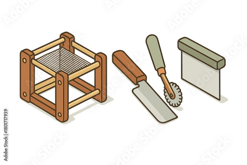 Traditional wooden tools and utensils for making fresh homemade pasta and dough