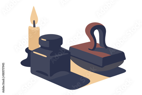 Vintage writing tools with burning candle and antique inkwell