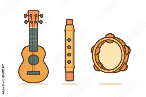 Ukulele Recorder and Tambourine Musical Instrument Icon Set