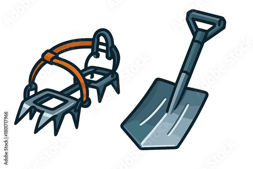 Mountaineering crampons and snow shovel equipment icons