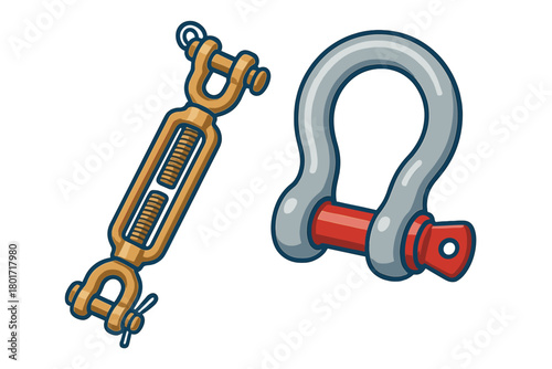 Essential construction and marine rigging tools featuring a turnbuckle and anchor shackle