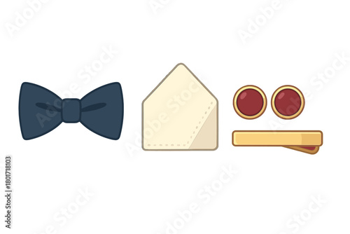 Essential formal wear accessories set featuring a dark bow tie, folded pocket square, gold cufflinks, and tie clip