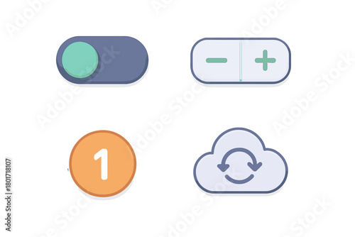 Set of modern user interface elements including toggle switch, volume control, notification badge, and cloud sync icon