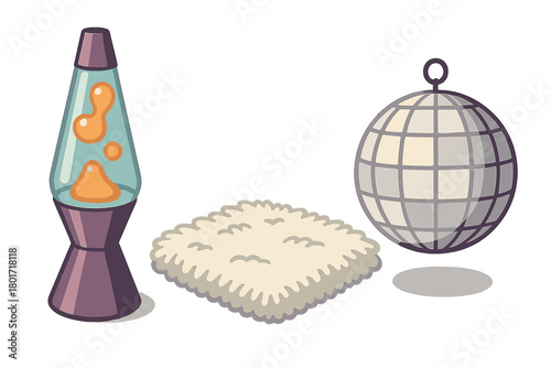 Retro collection of nostalgic objects including lava lamp, fluffy shag rug, and disco ball