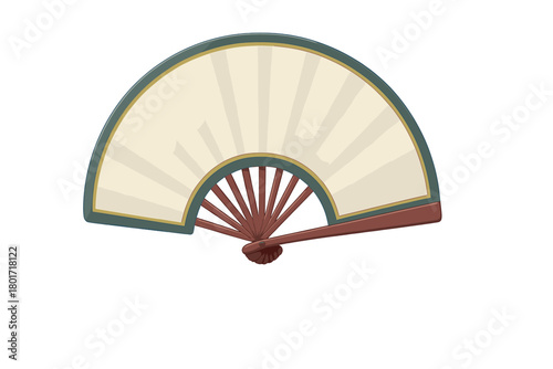 Elegant open Japanese folding fan with ivory paper and dark green frame accented with gold