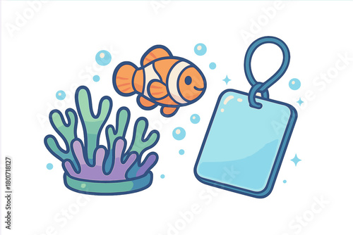 Cheerful clownfish swimming near vibrant coral reef and empty identification label