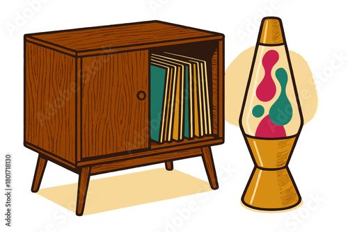 Mid-century modern record storage cabinet and glowing lava lamp