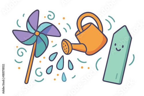 Cheerful outdoor play items featuring pinwheel, watering can, and smiling chalk