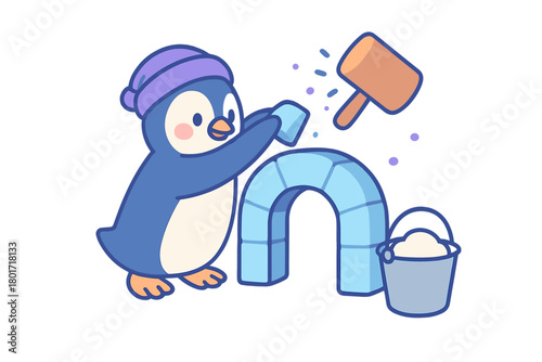Cute penguin constructs ice archway with mallet and bucket