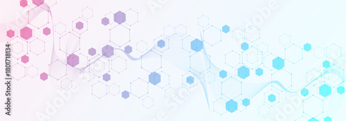 Health care or medical abstract background with hexagons, lines and dots. Scientific innovation banner template concept. Biology and pharmaceutical technology background. Vector illustration.