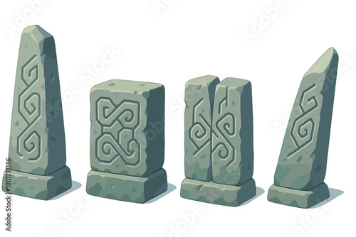 Stylized set of four ancient fantasy stone pillars with carved mystical knot patterns