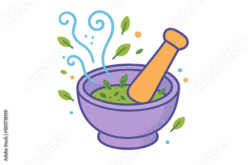 Mortar and pestle grinding fresh green leaves for herbal remedy preparation