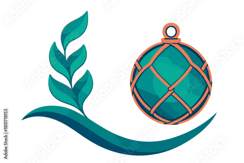 Stylized graphic element combining a green leafy branch and a netted glass fishing float symbol