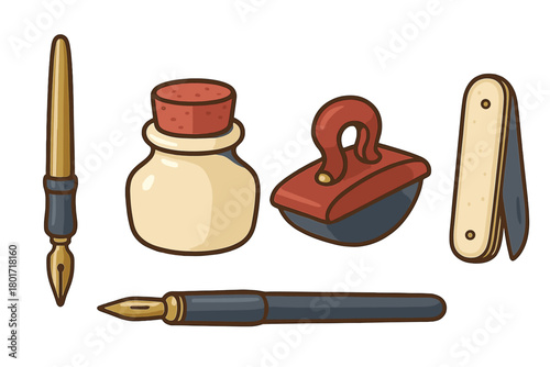 Vintage writing supplies collection with inkwell and pen nibs