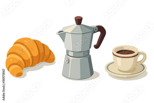 Freshly baked golden croissant next to a silver stovetop espresso maker and a small ceramic coffee cup