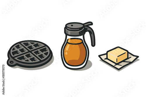 Waffle breakfast ingredients set with syrup dispenser and butter stick