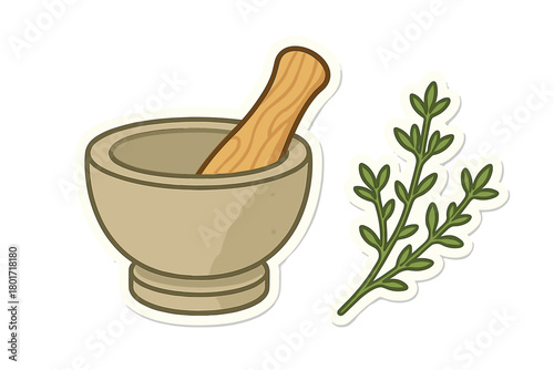 Traditional stone mortar and wooden pestle with fresh green herbs for cooking or medicine