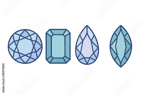 Four precious blue gemstones with various cuts like round, emerald, pear, and marquise