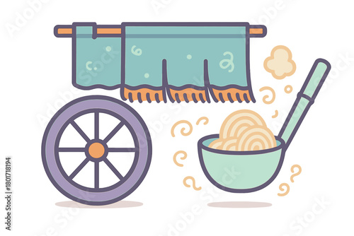 Mobile food cart serving steaming hot noodles and Asian meal