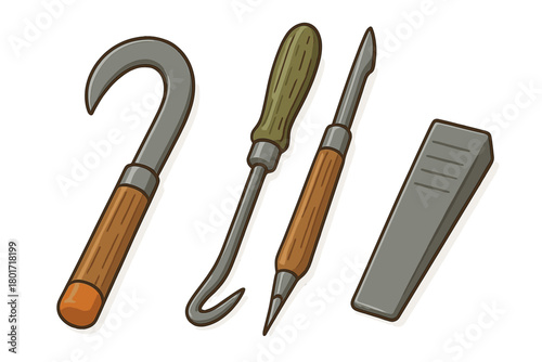 Assortment of carpentry and woodworking hand tools featuring hook and wedge