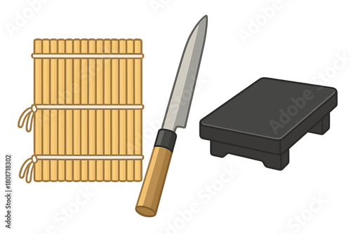 Essential Japanese sushi preparation tools including rolling mat and specialized knife