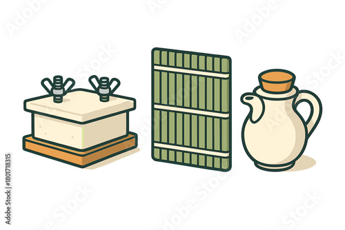 Tofu press bamboo mat and sauce pitcher cooking icons set