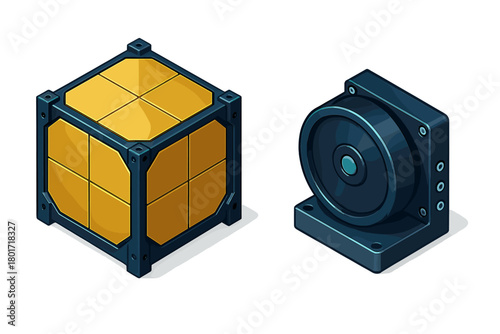 Isometric futuristic satellite module and sensor component set