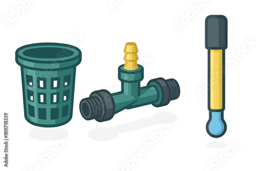 Hydroponic gardening equipment set including net pot connector and water quality thermometer