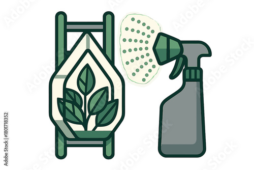 Potted seedling receiving water from a handheld spray bottle